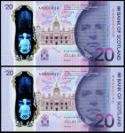Bank of Scotland, £20 polymer issue, 1 June 2019, serial number AA 000039/40, purple, indigo and dar