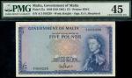Government of Malta, £5, ND (1961), serial number A/1 019238, blue on multicolour underprint, portra