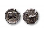 古希腊西西里岛杰拉城四德拉克马银币一枚，重：17.52g，ZCGS CH AU  稀少品种                  公元前490-前475年西西里岛杰拉城发行          西西里岛 大