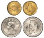 民国二十七年孙中山像背布图拾分镍币、二十九年党徽背布图一分铜币各一枚，均为PCGS MS65金盾