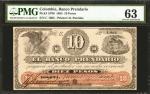 COLOMBIA. Banco Prendario. 10 Pesos, 1884. P-S790. PMG Choice Uncirculated 63.