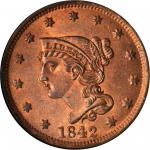 1842 Braided Hair Cent. N-6. Rarity-1. Large Date. MS-65 RD (NGC).