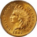 1867 Indian Cent. MS-65+ RD (PCGS). CAC. Gold Shield Holder.