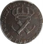 1721-H French Colonies Sou, or 9 Deniers. La Rochelle Mint. Martin 2.36-B.6, W-11830. Rarity-6+. EF-