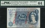 Bank of England, John Standish Fforde (1966-1970), specimen ｣5, ND (1967), serial number A00 000000,