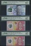 世界纸钞一组3枚，包括2015年苏格兰克莱兹代尔银行福斯铁桥纪念塑胶钞5英镑，编号FB/1 000031，及一对维德角银行200埃斯库多塑胶钞，编号AA000030 及 AA000077，均评PMG 