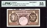 Government of Jamaica, specimen £5, 1 September 1957, red serial number 6A 00000, dark and light bro