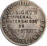 A. KNIGHTS / MINERAL/ WATER SALOON/99/ BALTO STREET on a 1792 Peruvian Two Reales. Brunk K-287. Host