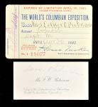 Entrance Pass to the Worlds Columbian Exposition. Good Until April 30, 1893. Virtually As New.