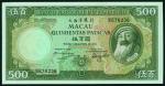 Banco Nacional Ultramarino, 500 patacas, 8 August 1981, serial number NE 70256, green and pale pink,
