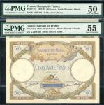 Banque de France, 50 Francs, 6.6.1929, consecutive serial numbers K.4208 466 and 467, brown, blue an
