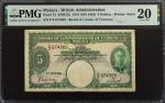 1941年马来亚货币发行局伍圆。MALAYA. Board of Commissioners of Currency Malaya. 5 Dollars, 1941. P-12. PMG Very F