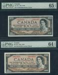 x Bank of Canada, $100 (2), 1954, serial number A/J 3433405, B/J 8914591, black on brown underprint,