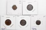 英国角分币一组5枚，包括1868及1885年（2枚）1/3 法新铜币，及1873，1881-H，18921893及1895年法新铜币，3枚经PCGS评级，其馀EF或以上品相