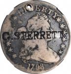 G. STERRETT on a 1798 Draped Bust, Heraldic Eagle silver dollar. Brunk S-925, Rulau-E Mav 41E. Good 