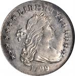 1799 Draped Bust Silver Dollar. BB-153, B-4. Rarity-4. Irregular Date, 15-Star Reverse. AU-58 (NGC).