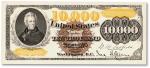 美国1878年联邦券10000美元单面卡纸印样，上印第7任总统“安德鲁·杰克逊”肖像，纸张硬挺白净，凹凸明显，自然起伏，色彩醇厚明丽，全新