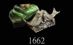 「双鱼」铜质摆件、「蟋蟀蔬菜」瓷质摆件，两件Copper "Twin Fish" & Porcelain "Cricket on Vegetable", 19x8x8cm & 16x11x6cm. (