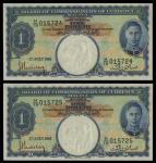 Malaya. Board of Commissioners of Currency. Pair of One Dollars. 1941 (1945). P-11. Consecutive numb