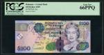 Central Bank of The Bahamas, consecutive $100 (2), 2009, serial number C028007/008, purple and multi