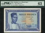 Banque de la République de Mali, 1000 francs, 22 September 1960, red serial number A12-136985, blue 