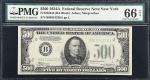 Fr. 2202-B. 1934A $500 Federal Reserve Note. New York. PMG Gem Uncirculated 66 EPQ.