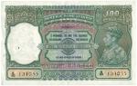 BANKNOTES,  纸钞,  INDIA,  印度, Reserve Bank of India: 100-Rupees,  ND (c.1944),  Bombay,  serial no.B3