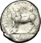 Greek Coins, Bruttium, Laus. AR Triobol, c. 480-460 BC. HN Italy 2278. SNG ANS 138. 0.96 g.  10.5 mm