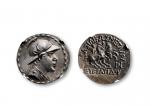 古希腊巴克特里亚王国四德拉克马银币一枚，重：16.78g，NGC CH AU 公元前170-前145年发行  巴克特里亚的攸克拉提底斯一世大帝（Eucratides I）,正面：国王攸克拉提底斯戴束发