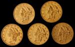 Lot of (5) 1858 Liberty Head Double Eagles. VF-AU (Uncertified).