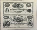 Uncut Pair. Marshall, Michigan. Bank of Michigan. 18xx. $1 & $3. About Uncirculated. Remainder.