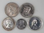 World Coins, a group of 5 silver coins, consists of: Canada, a pair of silver dollar, Elizabeth II o