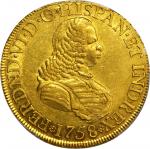 COLOMBIA. 1758-J 8 Escudos. Santa Fe de Nuevo Reino (Bogotá) mint. Ferdinand VI (1746-1759). Restrep