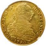 Popayan, Colombia, gold bust 8 escudos, Charles IV transitional (bust of Charles III, ordinal IV), 1
