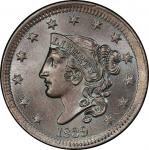 1839 Modified Matron Head Cent. Newcomb-3. Head of 1838. Rarity-1. Mint State-66 BN (PCGS).
