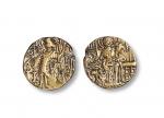 贵霜王朝基普纳达金币一枚，直径：19.2mm，重：7.15g，上美品 RMB: 4,000-6,000 面值1金第纳尔，公元350-375年。正面是供奉祭坛的国王站像，背面是大地神阿多赫索。基普纳达是