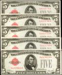 Lot of (5) Fr. 1525. 1928 $5 Legal Tender Notes. Choice Uncirculated.