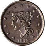 1842 Braided Hair Cent. N-6, 10. Rarity-1. Large Date. MS-63 BN (PCGS). CAC.