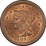 1849 Braided Hair Cent. Newcomb-2. Rarity-2. Mint State-65 RB (PCGS).