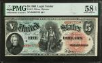 Fr. 64. 1869 $5 Legal Tender Note. PMG Choice About Uncirculated 58 EPQ.