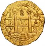 Lima, Peru, gold cob 8 escudos, 1712 M, NGC MS 63 (1715 Fleet Label).
