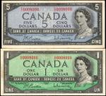 CANADA. Lot of (2) Bank of Canada. 1 & 5 Dollars, 1954. P-75b & 77. Matching Serial Numbers. Very Fi