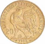 1908法国玛丽安娜背高卢雄鸡20法郎金币 