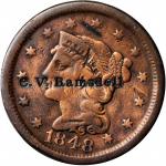 C.V. RAMSDELL on an 1848 Braided Hair large cent. Brunk R-64, Rulau ME-Ba-14. Host coin Fine. 