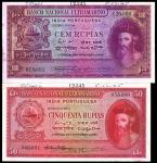 Portuguese India, lot of 2 specimen, 50 and 100rupiahs, 1945, red and purple respectively, Afonso De