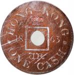 1863年香港一文样币，较大型之厚胚版别，正下方铸有哥德式‘VR’，正面包浆粉红与紫色，背面呈冰蓝色，份外诱人，NGC PF64BN， #1522788-003