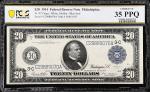 Fr. 975. 1914 $20 Federal Reserve Note. Philadelphia. PCGS Banknote Choice Very Fine 35 PPQ.