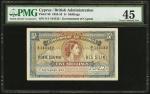 Government of Cyprus, 5 Shillings, 1st September 1952, serial number G/1 144132, blue, orange, green