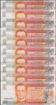 Philippines; 1987-1994, Lot of 10 notes. "Bangko Sentral ng Pilipinas", 20 Piso, Diff prefix solid 1