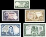 El Banco de Espana, 100 pesetas, 1953, brown, 5 pesetas, 1954, green, 25 pesetas, 1954, violet, 500 